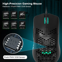 Load image into Gallery viewer, 16000 DPI PixArt Sensor RGB Light Ajazz AJ390 Gaming Mouse Honeycomb Shell Black
